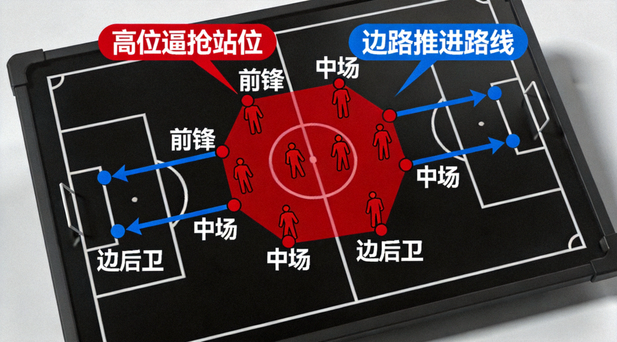 战术板上标注的足球高位逼抢站位与边路推进路线